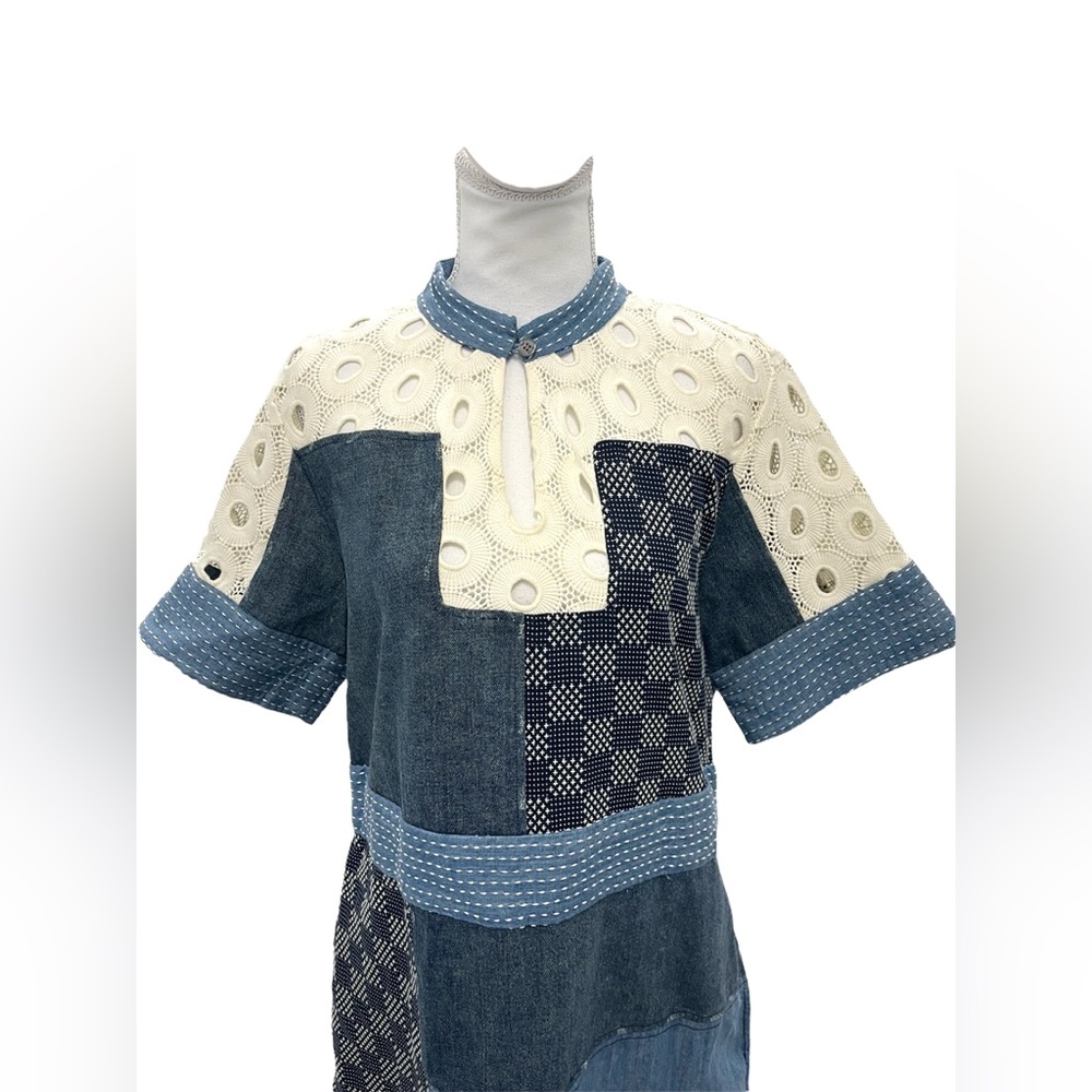 Sea New York Patchwork Cotton Denim And Lace Oversized Mock Neck Mini Dress sz 4 - Picture 5 of 11